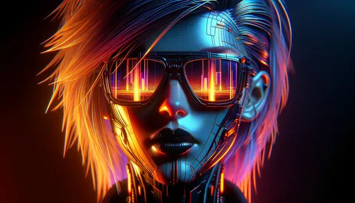 Prompt: Craft a 3D render of a futuristic female face in a cyberpunk style. The face should be illuminated by vibrant neon lights, with sharp contours and high contrast to enhance the three-dimensional effect. The sunglasses should be sleek, with reflective lenses that suggest a high-tech, digital environment. The colors should be rich and saturated, with deep oranges and contrasting blacks to create a dramatic, visually striking effect. The hair should appear to have individual strands, adding to the realistic 3D texture, and the background should be subtly lit to keep the focus on the face. The image should give the impression of a sophisticated, high-resolution 3D model, with a focus on realism and depth.