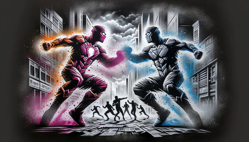 Prompt: Glossy overlaid newspaper cut out of superhero figures spray-painted and sprinkled with stardust in color, having a fight in a black and white newspaper cut-out city in wide ratio.