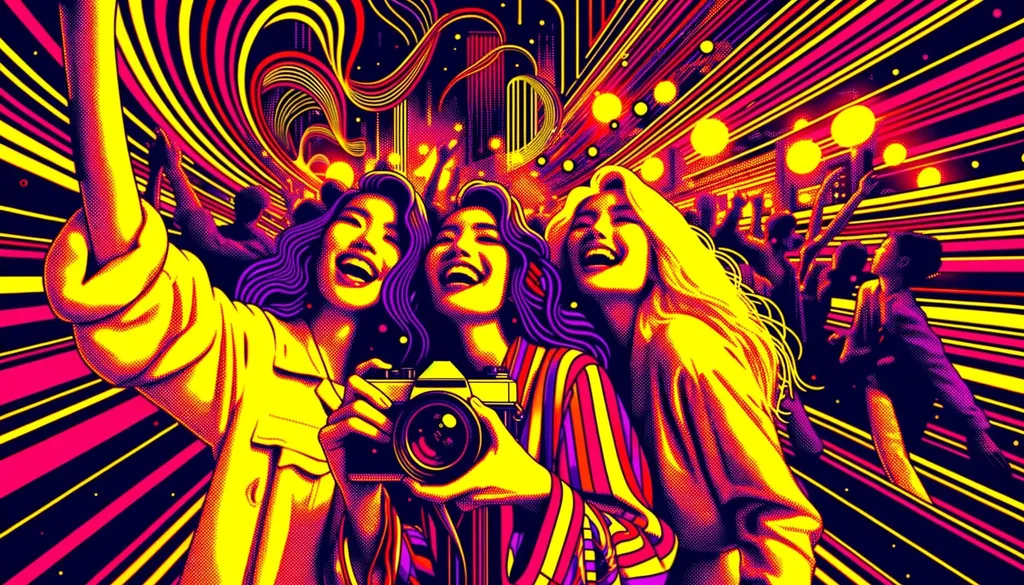 Prompt: Synthwave-styled wide image of women in a night photography scene, bathed in yellow and maroon hues, emphasizing the joyful chaos, with elements inspired by psychedelic art and precisionism.
