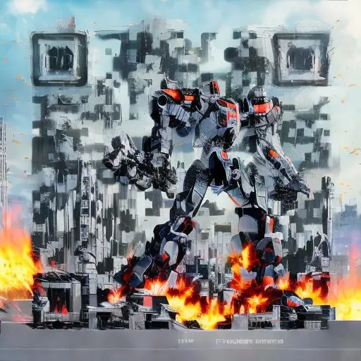 Prompt: masterpiece, best quality, mecha, no humans, black armor, blue eyes, science fiction, fire, laser canon beam, war, conflict, destroyed city background