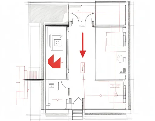 Prompt: a drawing of a house with a red arrow pointing to the floor plan and a red arrow pointing to the bathroom, Donald Judd, constructivism, isometric view, a digital rendering