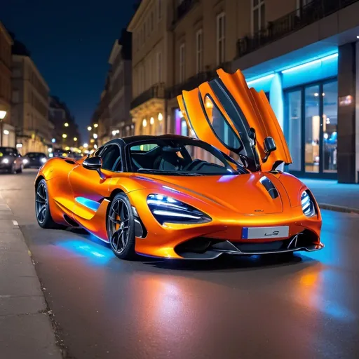 Prompt: PICTURE OF MC LAREN 720S, LIGHTS ON, AT NIGHT, ON THE STREET, VIVID COLORS WITH FUTURISTIC BUILDINGS