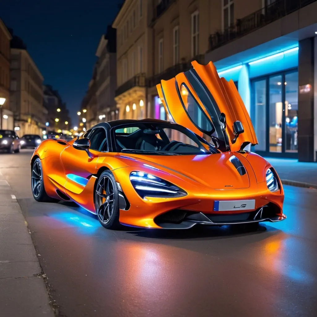 Prompt: PICTURE OF MC LAREN 720S, LIGHTS ON, AT NIGHT, ON THE STREET, VIVID COLORS WITH FUTURISTIC BUILDINGS
