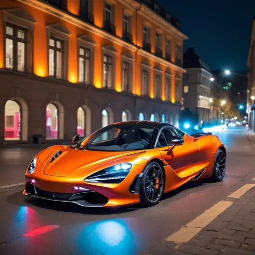 Prompt: PICTURE OF MC LAREN 720S, LIGHTS ON, AT NIGHT, ON THE STREET, VIVID COLORS WITH FUTURISTIC BUILDINGS