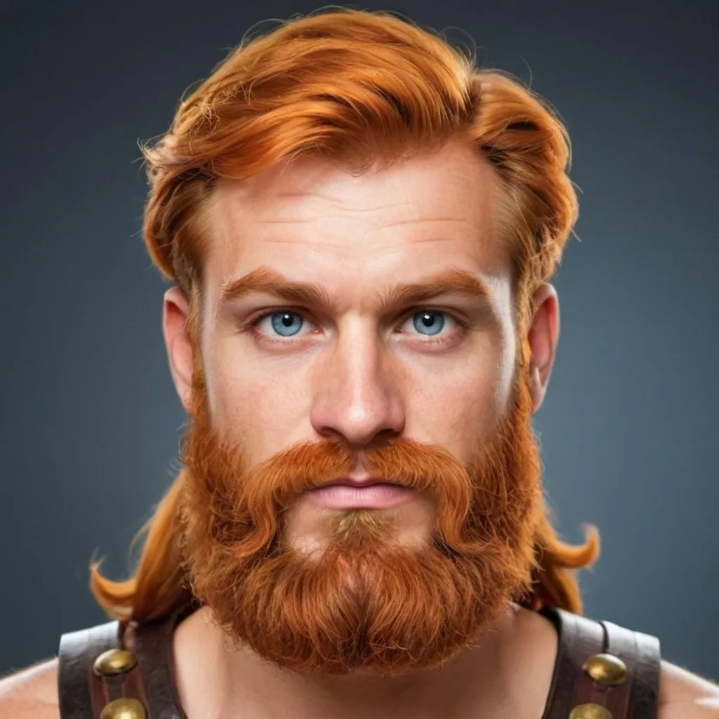 Prompt: create an asterix style cartoon face with ginger hair and beard bit less beard more viking looking

