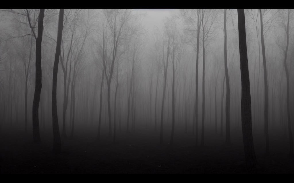 Prompt: A surrealistic view into the limbo after death. A dying and dry forest with a apocalyptic atmosphere. A mirror effect in the Y axys and a line in the middle; with mainly black and a little grey tones, nothing is completely clear, blurred. The place itself gives uncertainty feelings. Realistic style. High quality 4K resolution