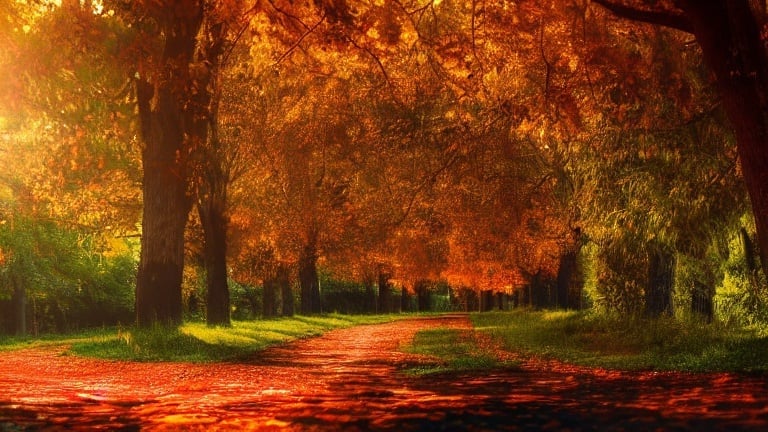 Prompt: Auttum leaves, brown and orange trees. nostalgic feeling, a beautiful path with no ending asight with curves and sunset. A place to remember and feel nostalgic. Realistic, 4k resolution, picture style. 