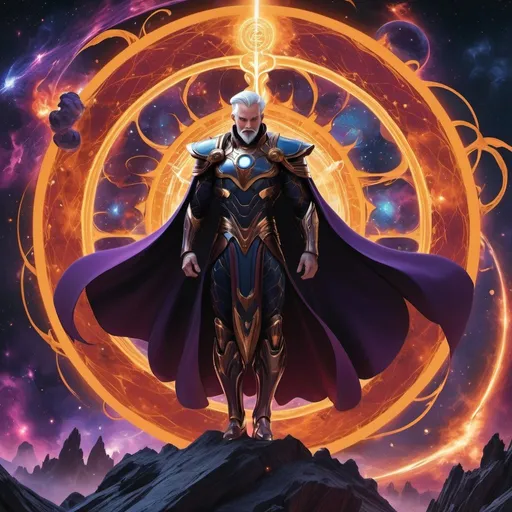 Prompt: Concept: The cover features a cosmic landscape with swirling nebulae and fragmented universes overlapping each other. In the center, there's an image of Charles, the protagonist, standing resolutely, surrounded by his fragmented selves. They are depicted in various dynamic poses, representing unity and diversity.

Behind Charles, a looming figure of King Aric, the tyrant, casts a dark shadow over the multiverse. His presence is depicted with ominous energy tendrils reaching out towards Charles and his companions, symbolizing the threat they face.

The color palette is rich and vibrant, with deep blues and purples representing the vastness of space, contrasted with fiery oranges and reds symbolizing the chaos and conflict within the fractured realms.

The title and subtitle are displayed prominently, with elegant typography that conveys both the epic scale of the story and the mystical elements of the multiverse.
