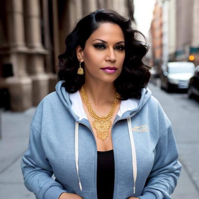 Prompt: full body shot of beautiful, hispanic woman, age 35, dark skin tone, with wavy short hair, middle part bob haircut style, wearing a hoodie "BUILD WITH YUSEF", with gold diamond necklace, realistic, build with yusef spelled correctly.