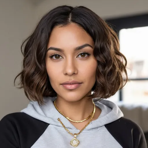 Prompt: beautiful, hispanic woman, age 35, dark skin tone, with wavy short hair, middle part bob haircut style, wearing a hoodie "BUILD WITH YUSEF", with gold diamond necklace, realistic