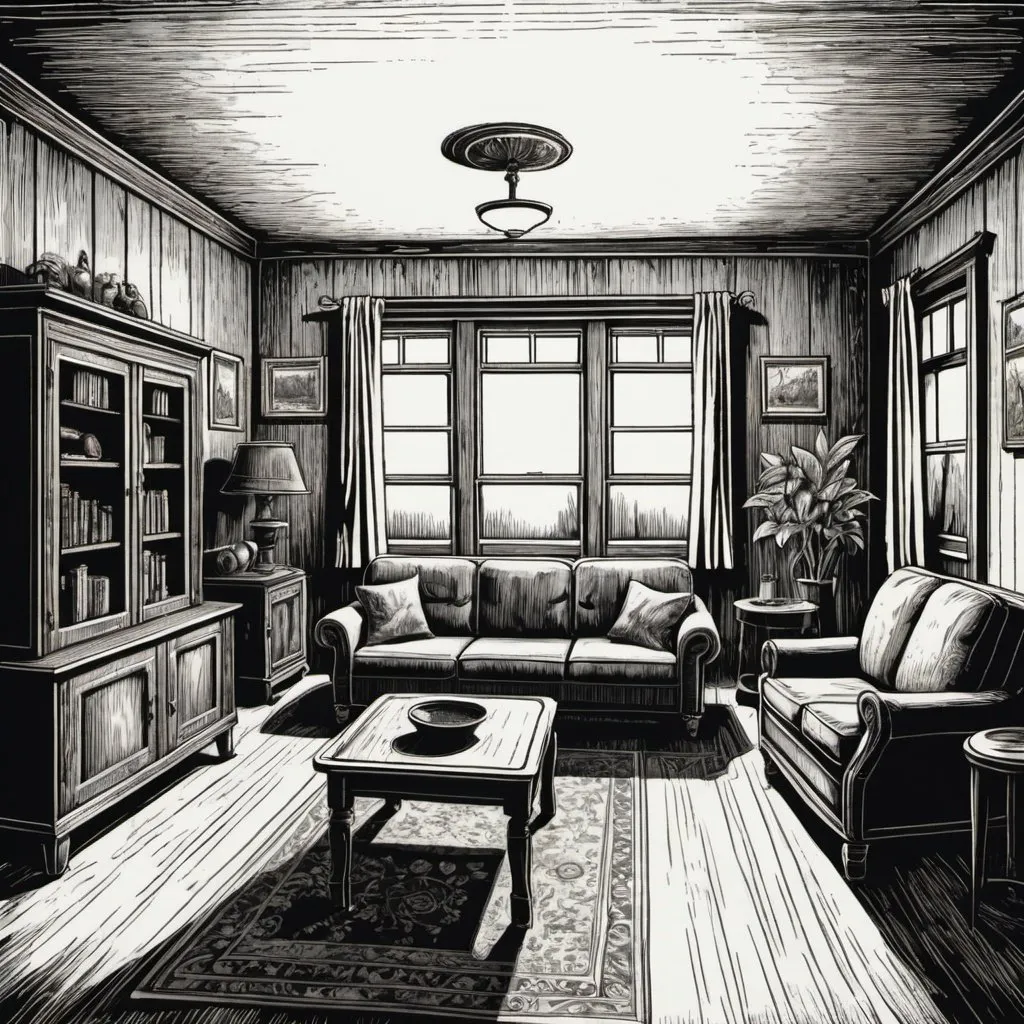 Prompt: A woodcut-style drawing of a nostalgic living room.