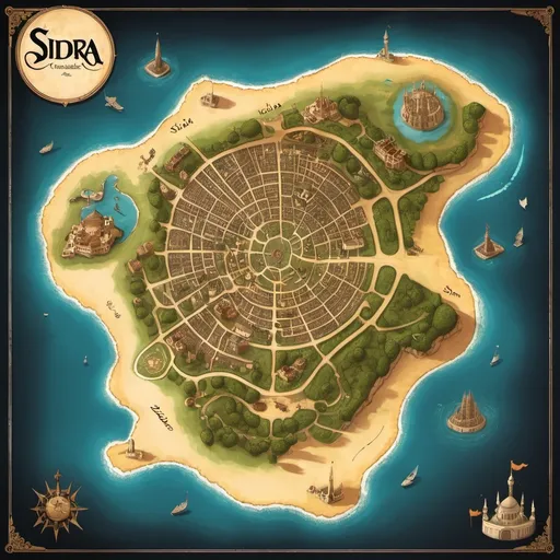 Prompt: um mapa de um reino chamado de sidra em uma ilha, no mapa deve ter uma cidade principal escrito Capital, lojas ao redor do globo, um sol riscado no canto, faça o mapa bem escuro