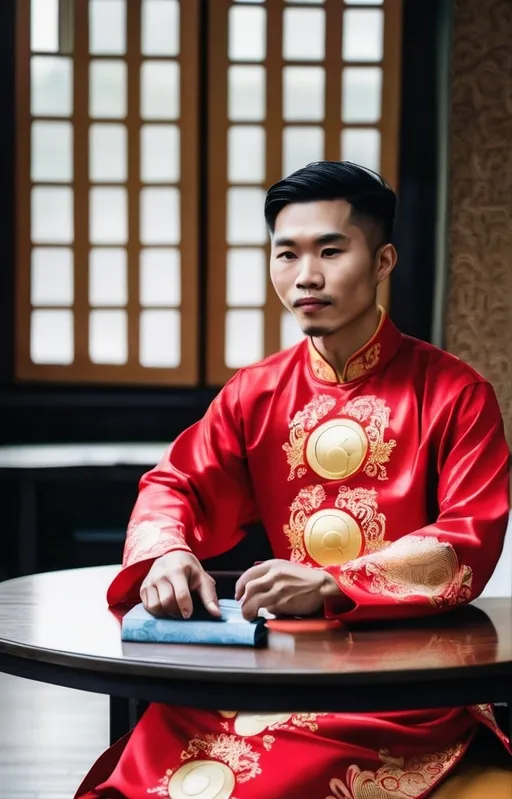Prompt: Vietnamese guy in traditional Ao Dai is sitting at a round table, 