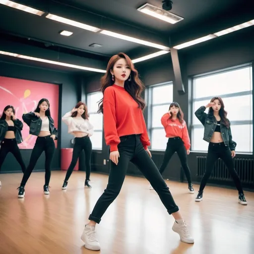 Prompt: K pop solo in a dance studio, bold and energetic moves, high quality, vibrant, energetic