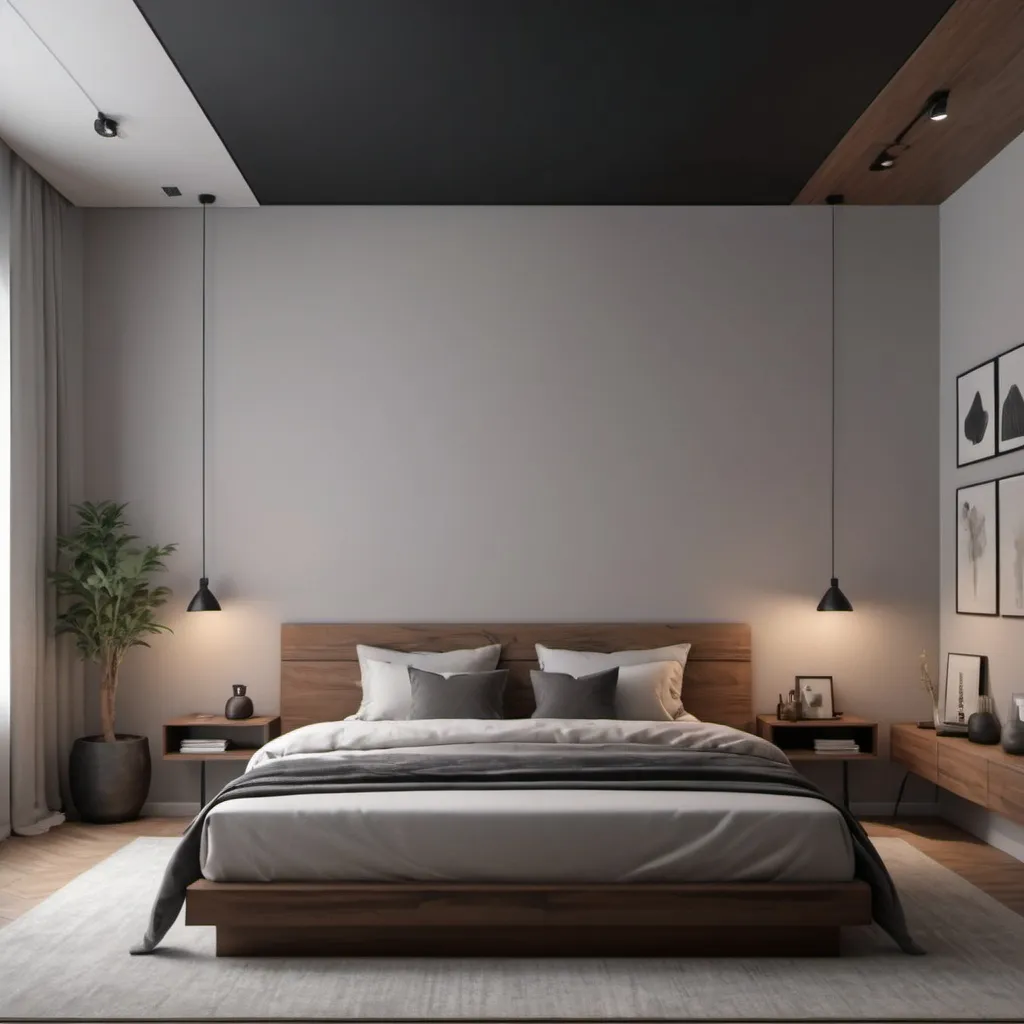 Prompt: (a cozy bedroom), light gray walls, (black ceiling), brown wooden bed, minimalistic decor, soft ambient lighting, plush bedding, warm textures, elegant accessories, tranquility, inviting atmosphere, soft shadows, (ultra-detailed) design elements, high-quality interior concept, calm and serene vibe, (4K) clarity.