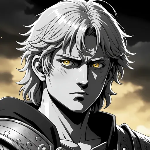 Prompt: I want to draw the character Thorfinn from the anime Vinland Saga Season 2 in black, white, and gray, with his eyes having a faint glowing yellow color.