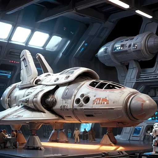 Prompt: (Outside view of a skunkworks lab), people from every planet collaborating, working on a nearly completed (large spaceship in Star Wars style), sleek and futuristic design, intense focus, vibrant colors highlighting the spaceship's metallic surfaces, warm ambient lighting, bustling atmosphere, (4K ultra-detailed, hyper realistic ).