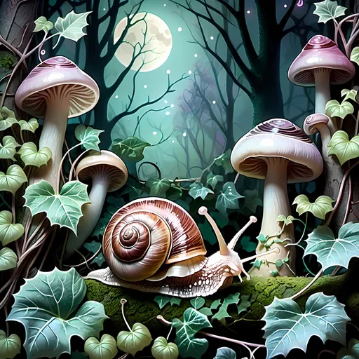 Prompt:  Snails  in a Mystical forest with ivy vines, dreamy moonlight, deep pastel colors, fantasy, detailed mushrooms, , , fantasy, dreamy, moonlit, ethereal, pastel surreal,  magical forest, ivy vines, detailed, whimsical,