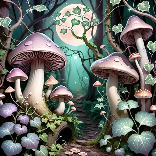 Prompt: Smailsnails  in a Mystical forest with ivy vines, dreamy moonlight, deep pastel colors, fantasy, detailed mushrooms, , , fantasy, dreamy, moonlit, ethereal, pastel surreal,  magical forest, ivy vines, detailed, whimsical,