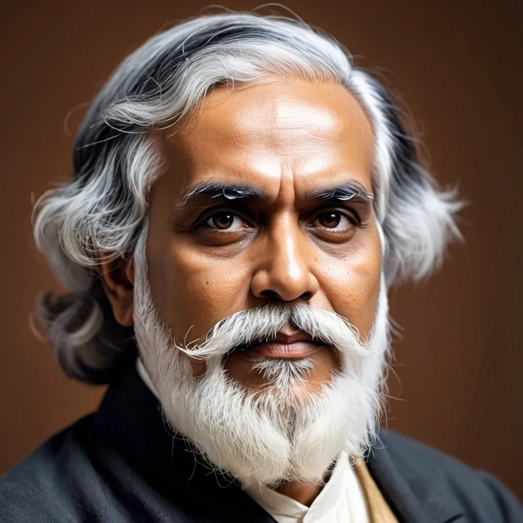 Prompt: Generate a unique photo image of Ravibinrananth Tagore with latest AI graphics touch in 4K format. 