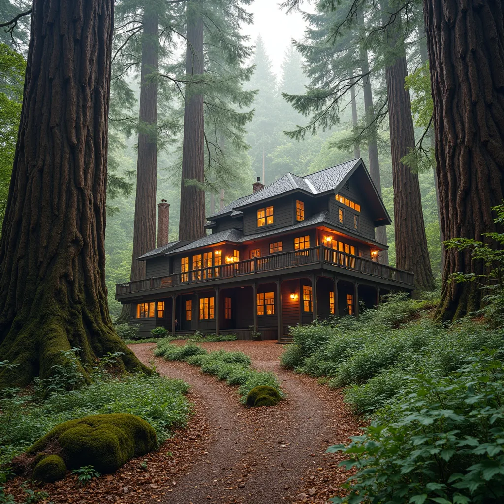 Prompt: A large 2 story house surrounded by giant redwood trees.