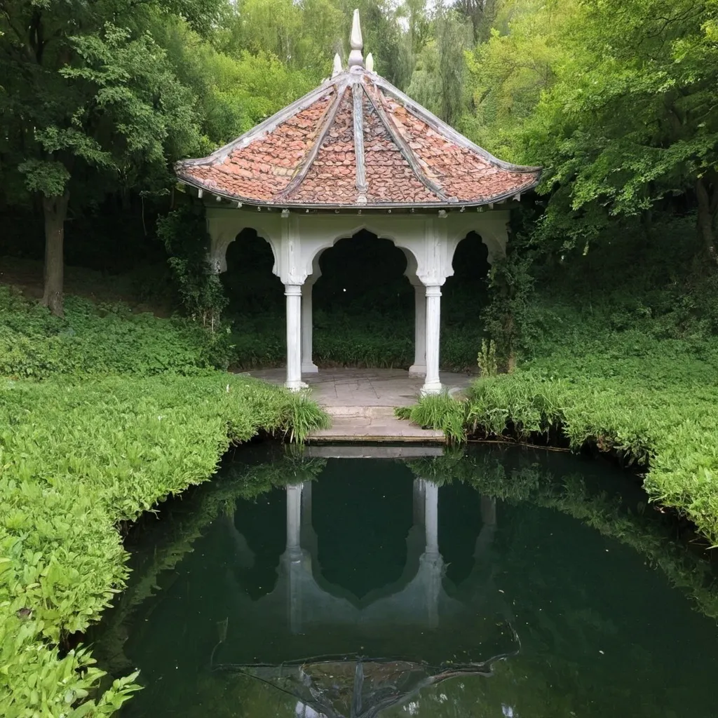 Prompt: An alcove in the middle of pond