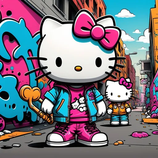 Prompt: (hello kitty bone thugs n harmony), playful cartoon characters, vibrant colors, urban background with graffiti art, soft lighting, fun and whimsical atmosphere, blending elements of pop culture and hip-hop, bold outlines, dynamic composition, character interaction, cute yet edgy style, high detail 4K, perfect for fans of both franchises.