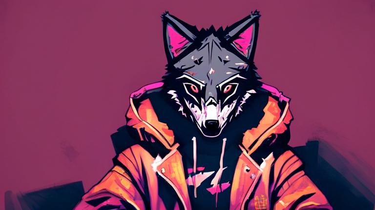 Prompt: man with wolf mask on his head, jacket, sit on a couch, hotline miami style, art, texture, dark, neon colors