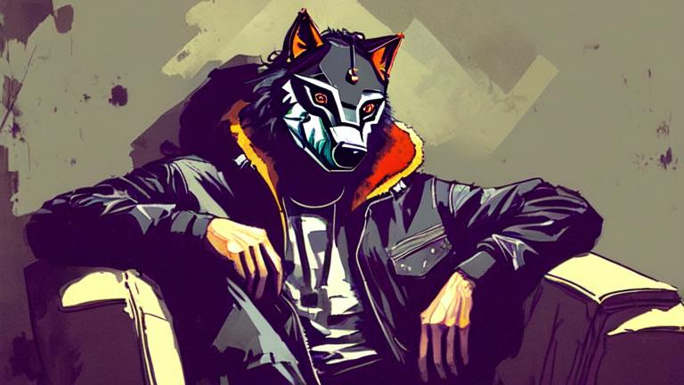 Prompt: man with wolf mask on his head, jacket, sit on a couch, hotline miami style, art, texture, dark