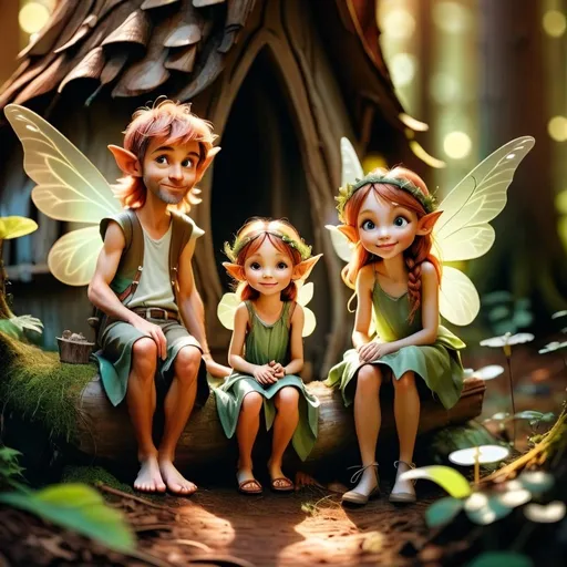 Prompt: Happy fairy family living in new fairy home in a mystical forest around sunlight, cinematic light