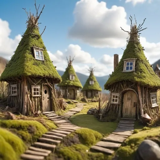 Prompt: large settlement village made of twig and moss homes, enchanted, happy, warm, bright,  dramatic fantasy settlement scene, cinematic lighting. Make a big bright sunny sky
