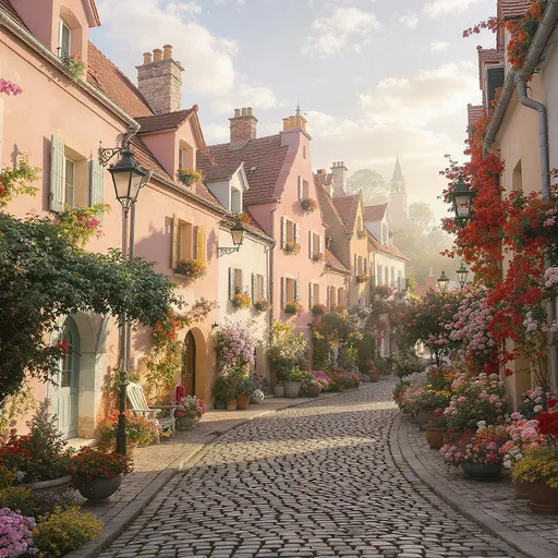 Prompt: A cozy European-style village with cobblestone streets, pastel-colored houses, and flowers in the windows, during early morning, fairy-tale atmosphere