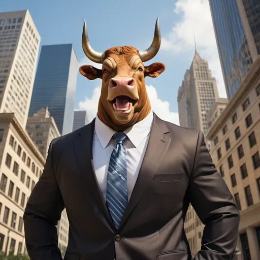 Prompt: (stock market bull), friendly and personable, spokesman for financial services company, wearing a suit and tie, engaging expression, photorealistic, vibrant and rich color palette, dynamic posing, high detail textures, stock exchange and/or cityscape background with towering skyscrapers, warm golden tones, business atmosphere, make the bull more funny and cartoonish like bullwinkle, 
professional setting, ultra-detailed, HD, 4K.