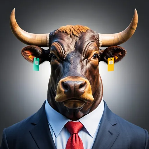 Prompt: A powerful stock market bull who is also friendly and personable.  We want this bull to be a spokesman for our broker dealer financial services company.  Remove the tags from his ears.  Make him look more friendly and colorful.
