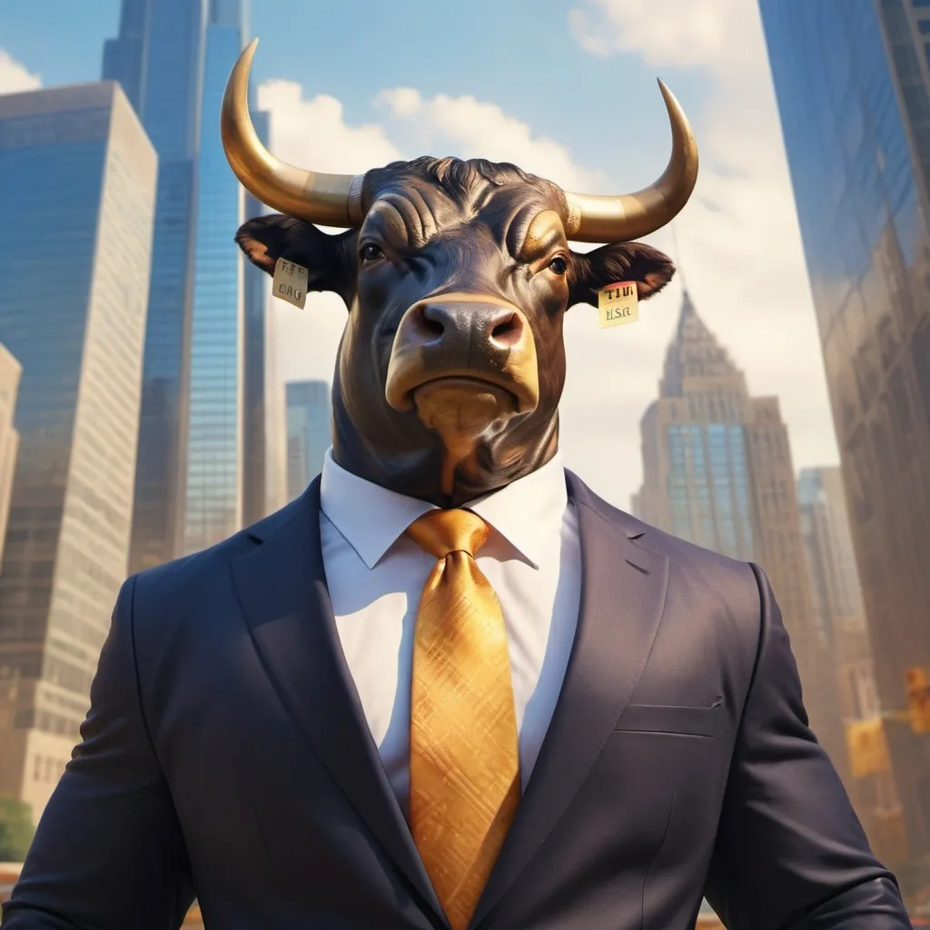 Prompt: A powerful stock market bull who is also friendly and personable.  We want this bull to be a spokesman for our broker dealer financial services company.