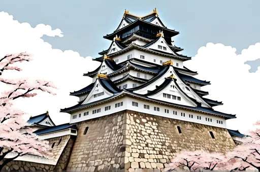 Prompt: panoramic image of Osaka castle in the style of japanese manga