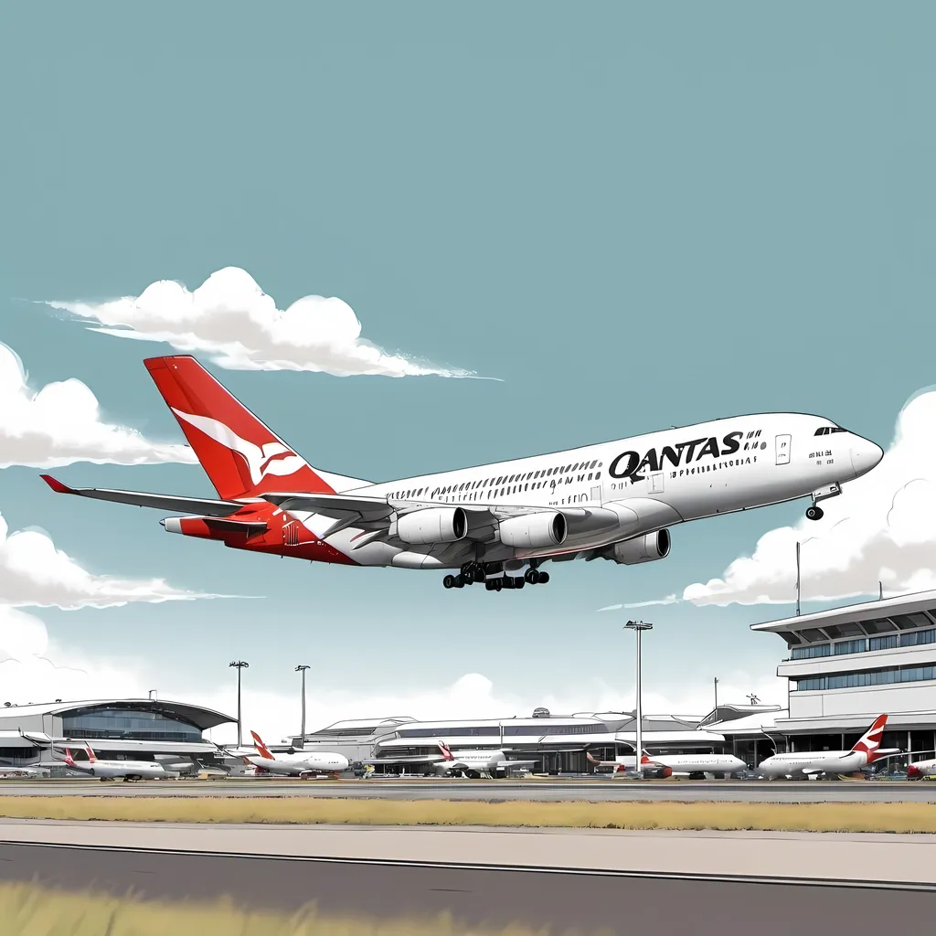 Prompt: a qantas plane taking off from an airport in the style of a manga drawing