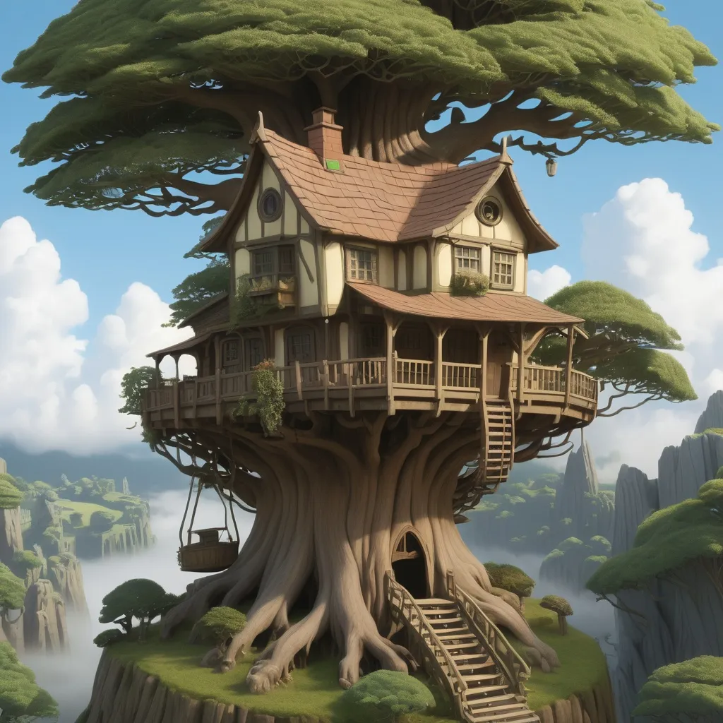 Prompt: big tree-top little house, detailed, rocking chair, hobbit, extreme detail,  Hayao Miyazaki #Ghibli anime studio#aitextpromptgenerator #aitextpromptgen #aigentools