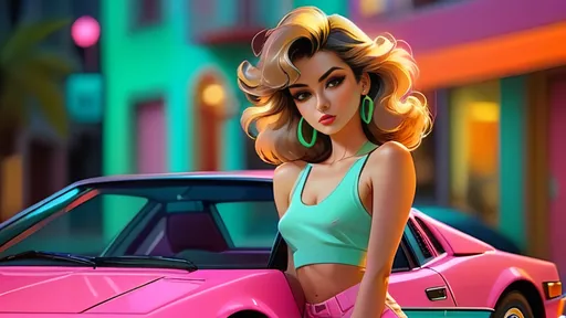 Prompt: Anime illustration of a stylish woman in 1980's Miami setting, leaning on a sleek Italian sports car, vibrant retro color palette, neon-lit streets, detailed fashion with exaggerated retro elements, high-quality, anime, 1980s, vibrant retro colors, Italian sports car, detailed fashion, neon-lit, stylish, atmospheric lighting