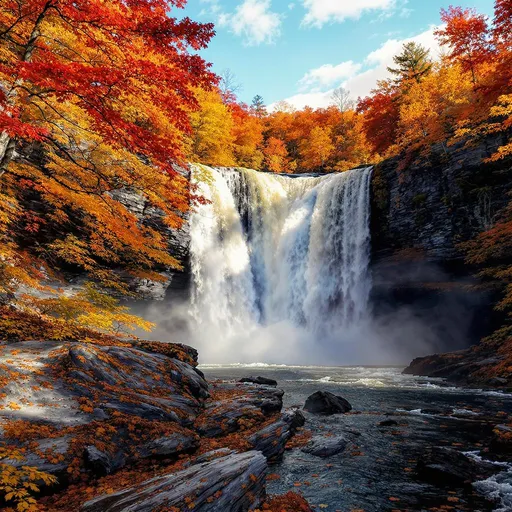 Prompt: Tahquamenon Falls in the upper peninsula of Michigan in the Fall with colorful autumn leaves