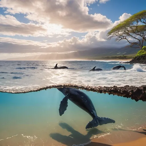 Prompt: Maui beach with whales breaching and blue sky with lacy clouds