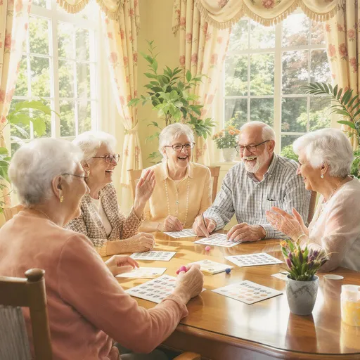 Prompt: Senior citizens playing Bingo at Serene Gardens Assisted living facility in Sterling heights, Michigan