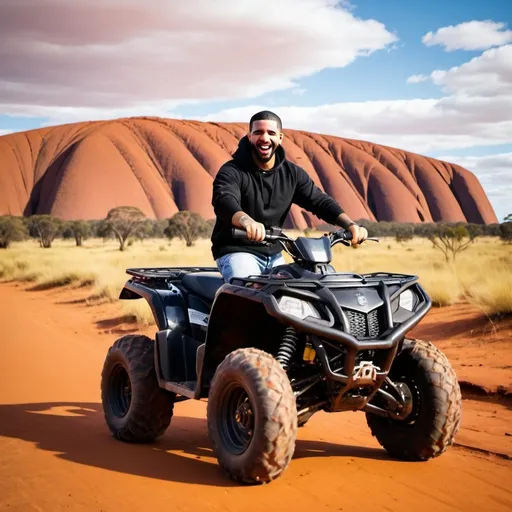 Prompt: make a picture of drake riding an atv on the uluru
