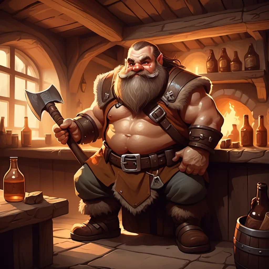 Prompt: dwarf character holding an axe in a tavern , fantasy character art, illustration, dnd, warm tone