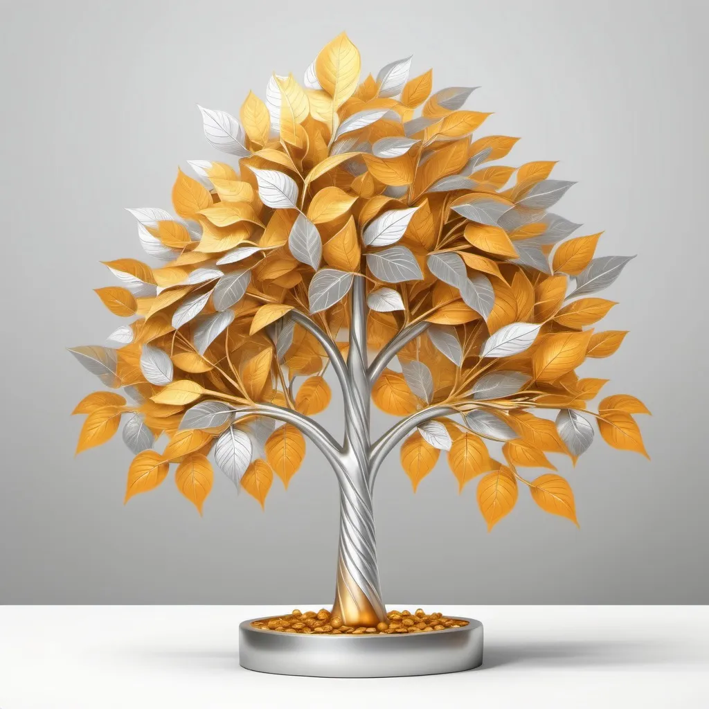 Prompt: realistic golden and silver tree that have orange money leaves, elegant line design