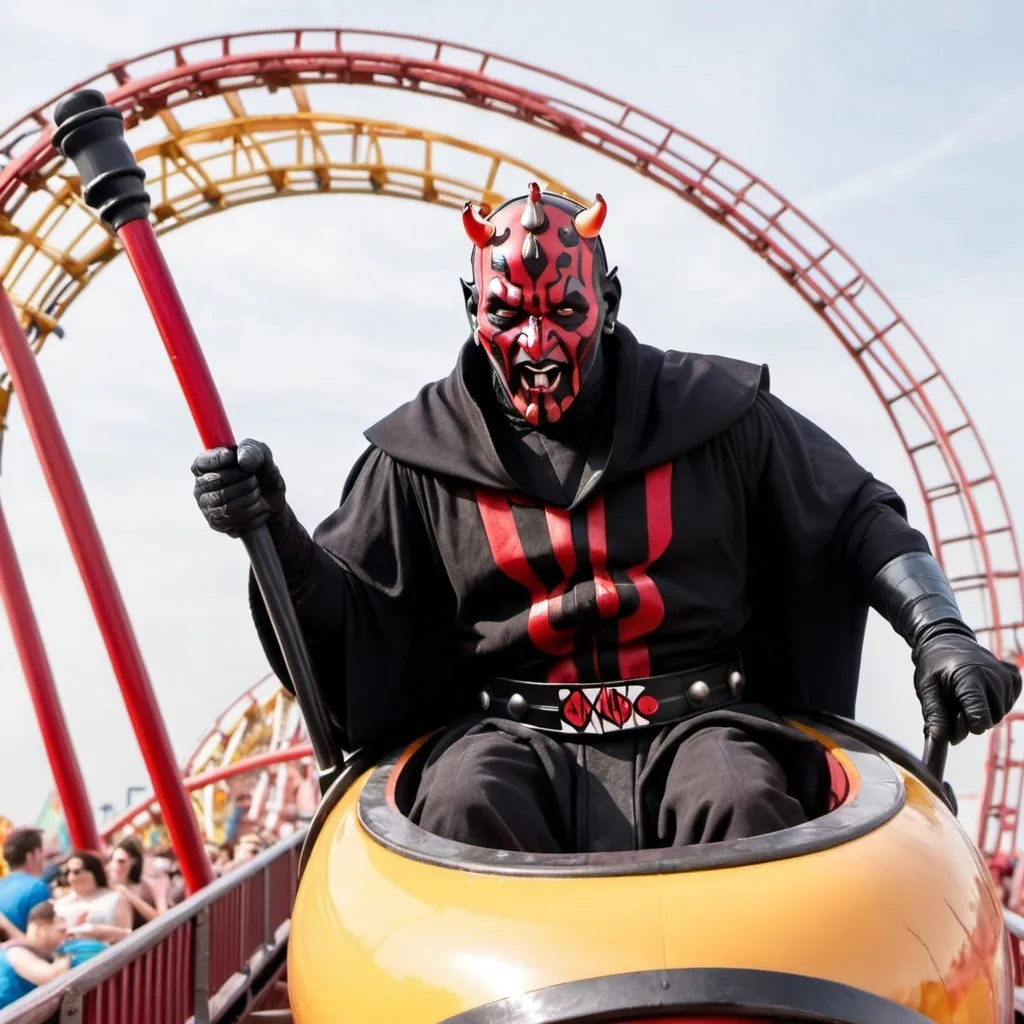 Prompt: darth maul riding a rollercoaster at a coney island fair 