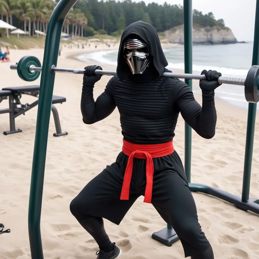 Prompt: kylo ren working out at an outdoor beach gym