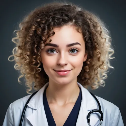 Prompt: a beautiful young woman doctor with curly hair