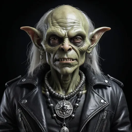 Prompt: A goblin necromancer with a black leather jacket and a silver amulet around his neck. Portrait. 3D photo-realistic. Hans-Ruedi Giger style.