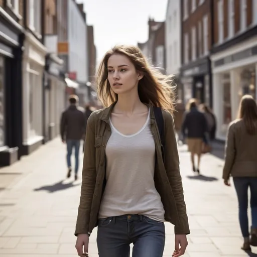 Prompt: Tall young woman walking down the high street, detailed clothing, realistic, natural lighting